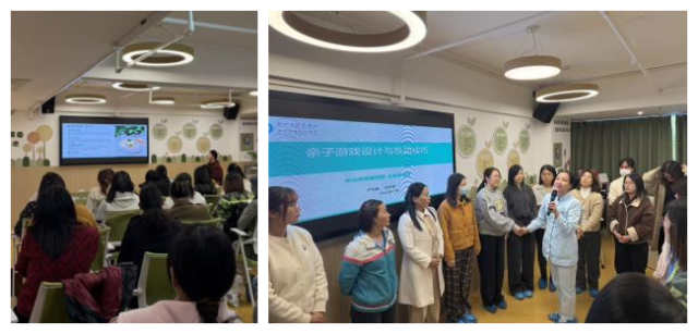 左：营养科覃校荣营养师《婴幼儿营养与辅食添加》及辅食制作指导
右：儿童保健科严志君亲子指导师《亲子游戏设计与互动环节》及现互动实践培训