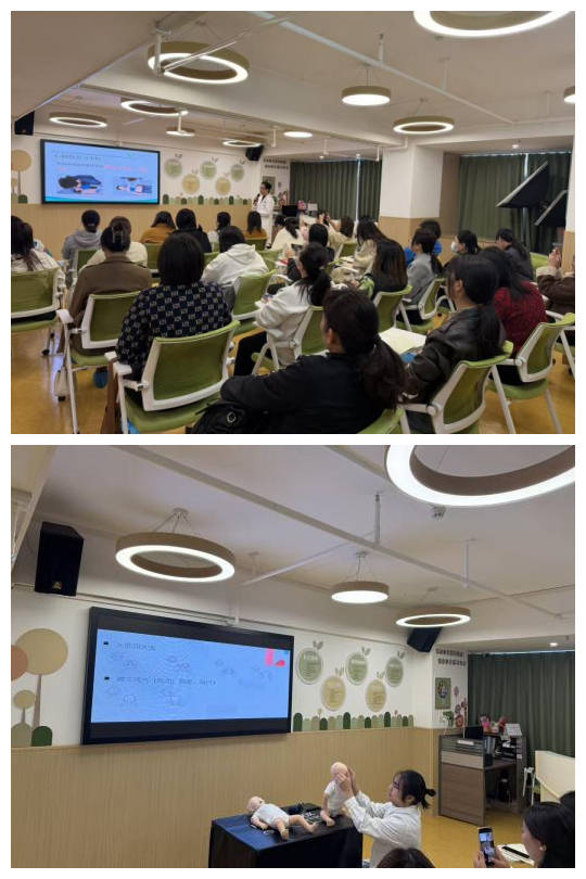 上：PICU梁桂明主任医师《婴幼儿心肺复苏培训》
下：中医康复科雷子煌主管技师《科学认识小儿推拿：婴幼儿照护的中医智慧》及小儿推拿现场实操培训