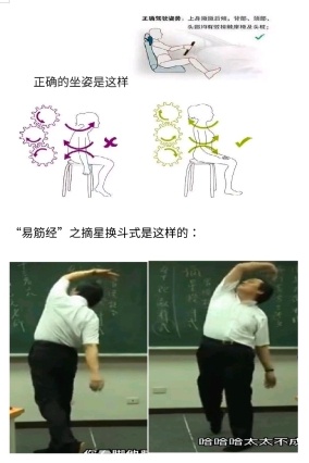 长途驾车要保持正确的坐姿，中途休息时尝试“易筋经”之摘星换斗式练习。