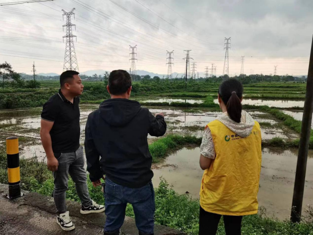 险企人员提醒水稻种植户防灾减灾。