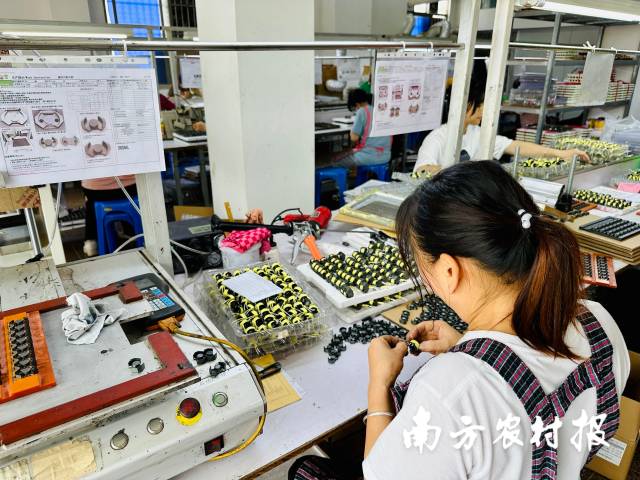 在协创力（郁南）电子科技公司，工人正在加工电子元件。