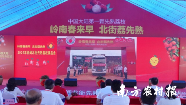 “中国大陆第一颗最先熟荔枝”发车仪式。