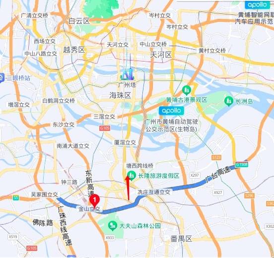 蓝色曲线为广台高速,红色箭头为广台高速以北番禺地区。 蓝色曲线为广台高速,红色箭头为广台高速以北番禺地区。