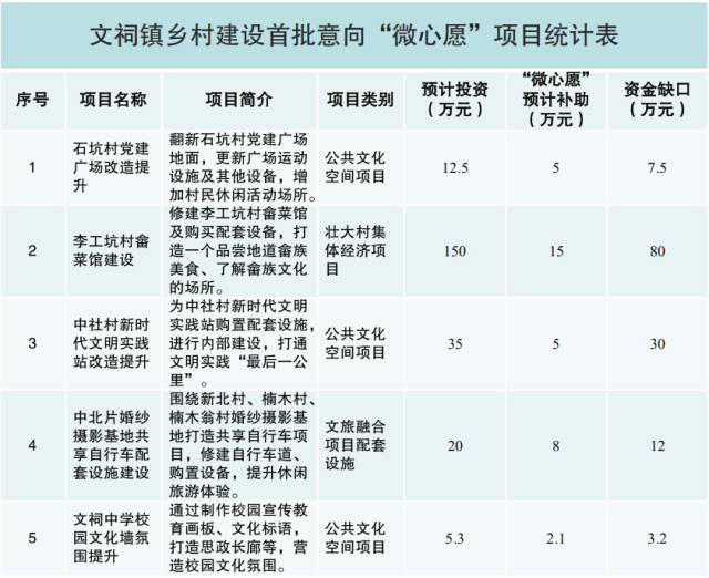 文祠镇乡村建设首批意向“微心愿”项目统计表。