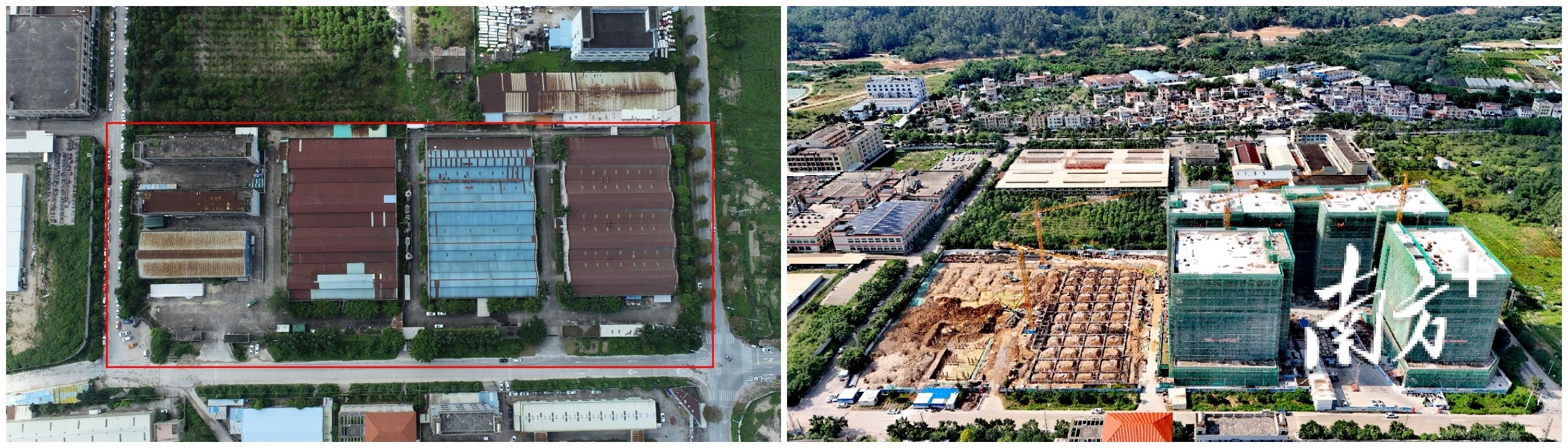 五桂山街道桂南村股份合作经济联合社“工改工”宗地项目改造前后对比图。