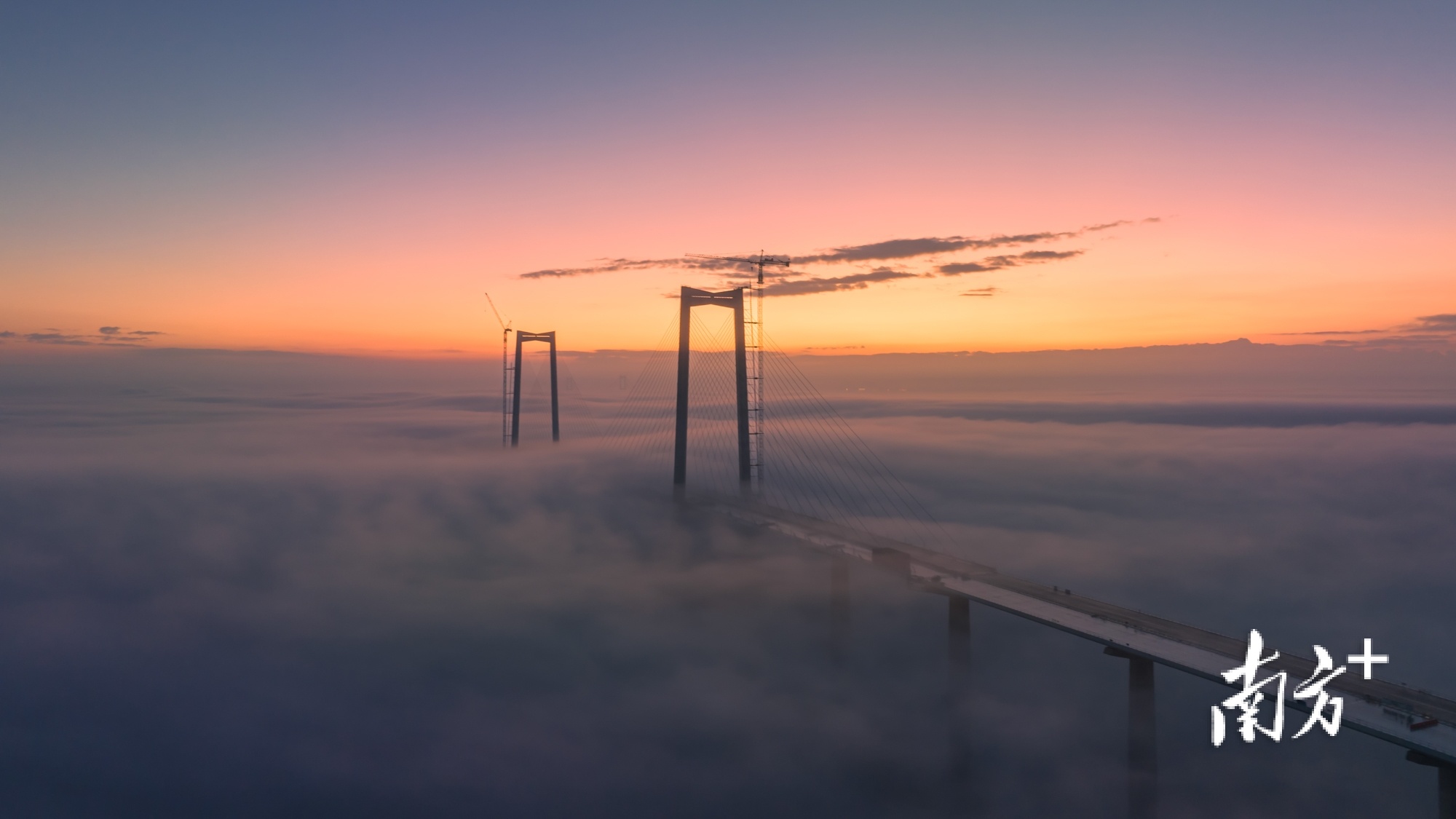 2023年1月16日建设中的深中通道朝霞和平流雾。