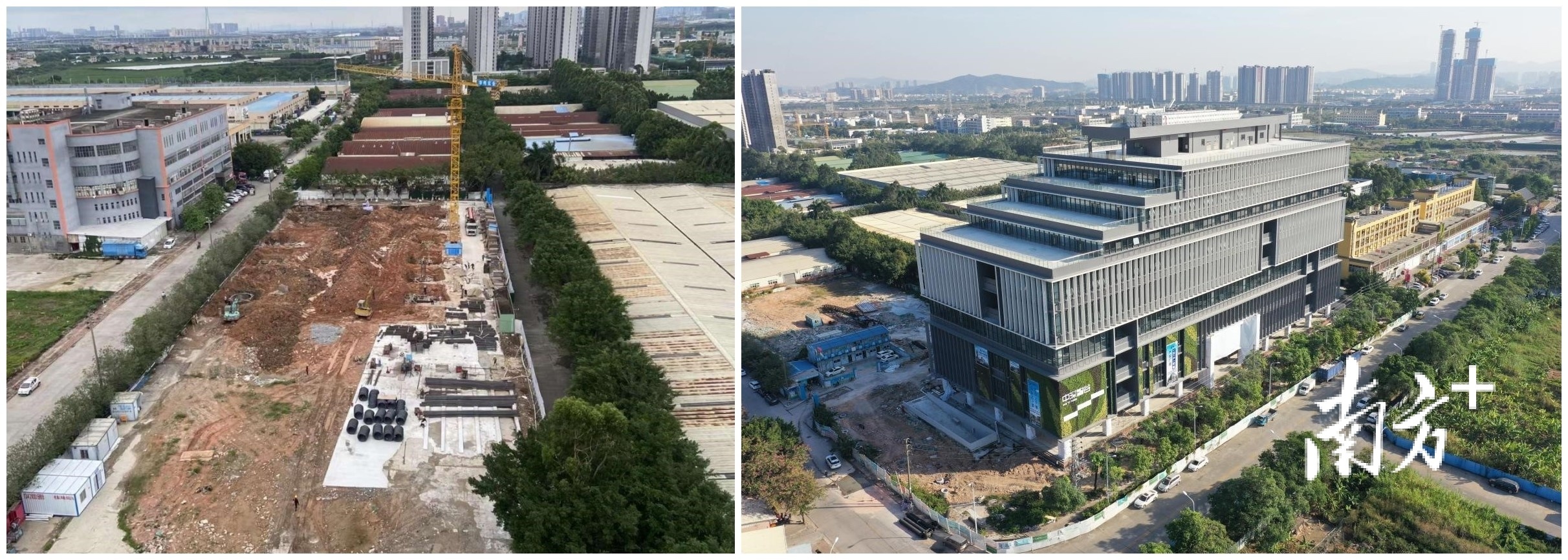 港口镇华伟（中深智谷）产业园项目改造前后对比图。