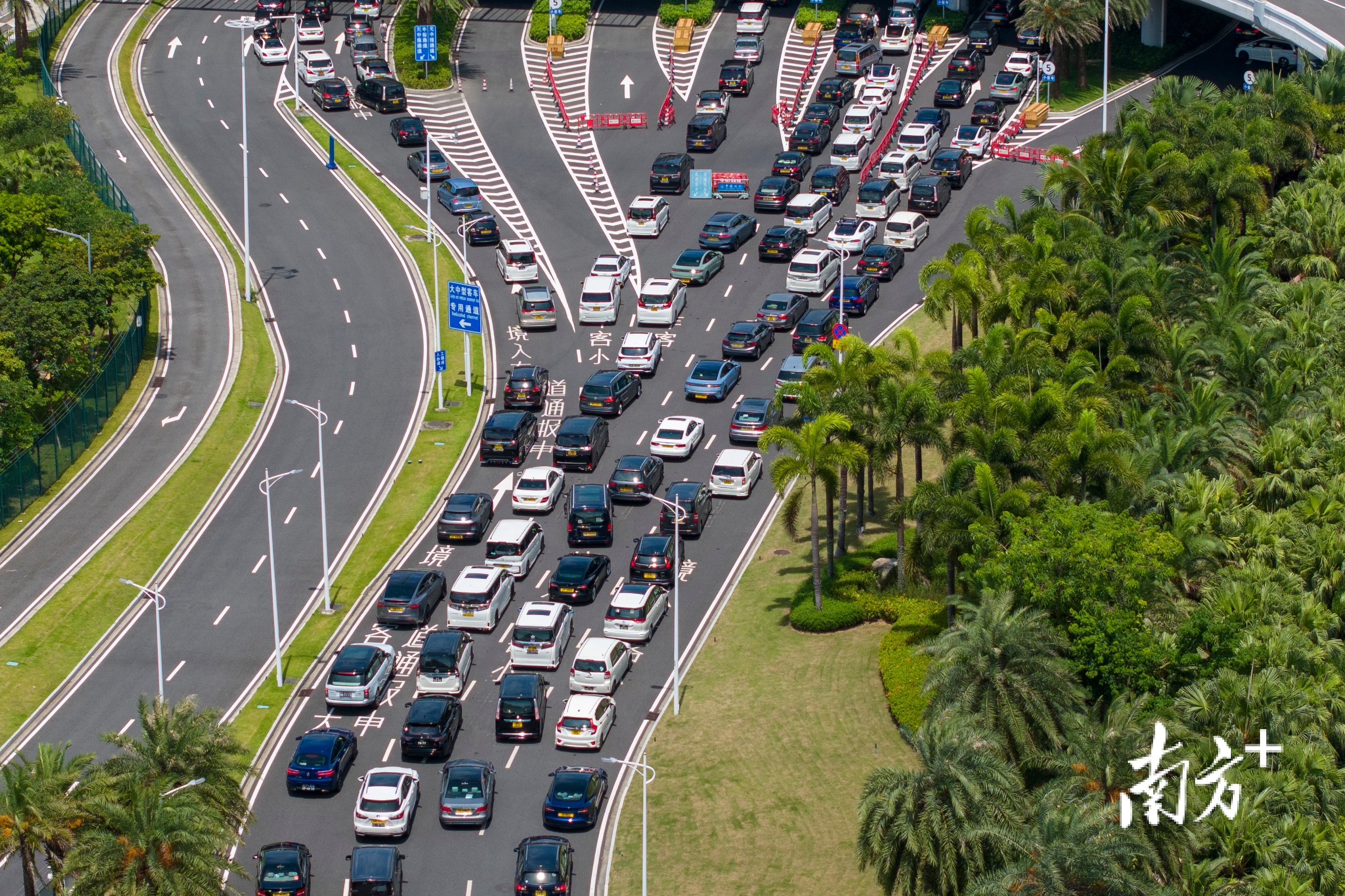 港珠澳大桥珠海公路口岸入境方向，香港车辆排队等待通关。