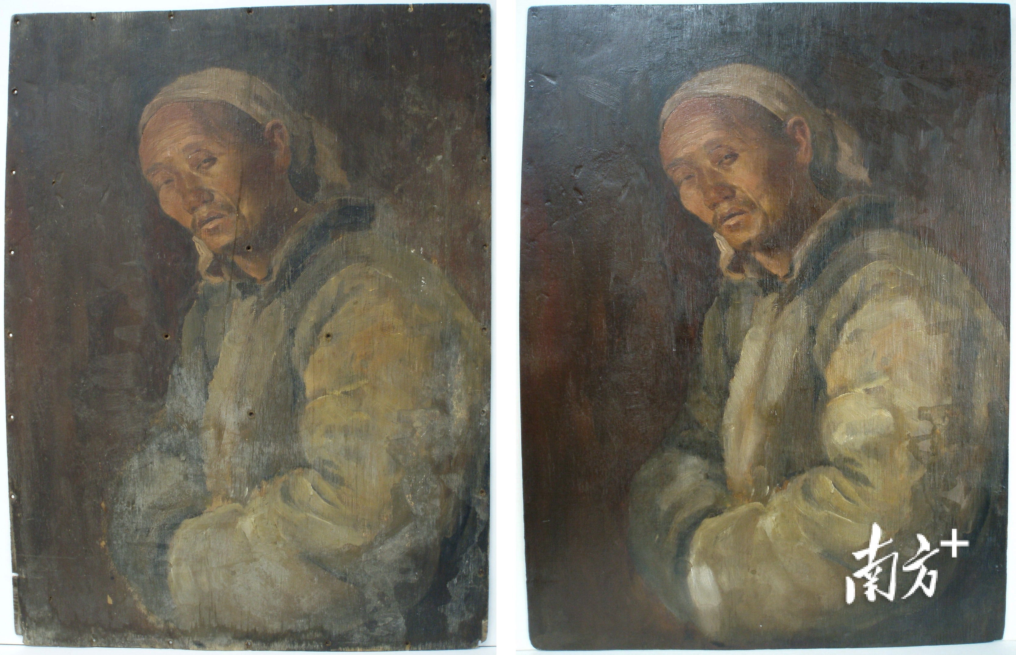 石鲁木板油画《农民像》修复前后对比。受访者供图。 石鲁木板油画《农民像》修复前后对比。受访者供图。