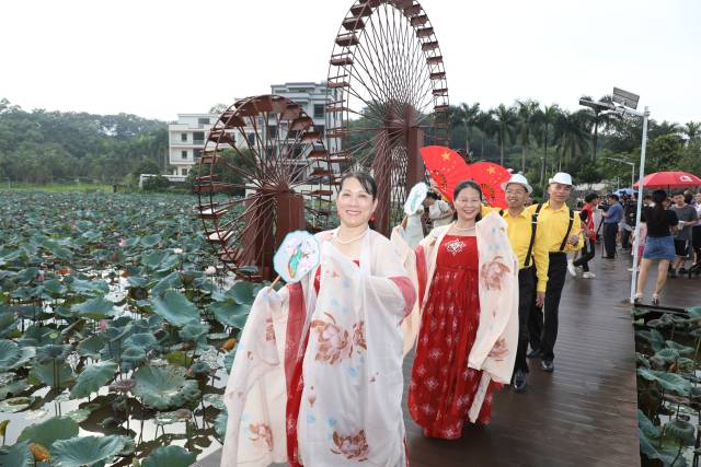 汉服与荷花相映成趣。