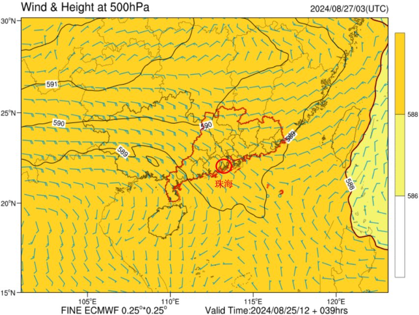 2024年8月27日11时500hPa高度场预报图（橙黄色部分为副热带高压）