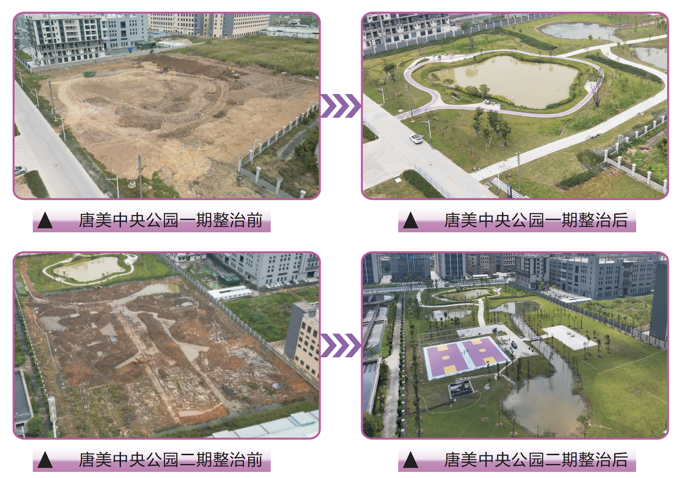 唐美中央公园一、二期整治前后对比图。荷城供图