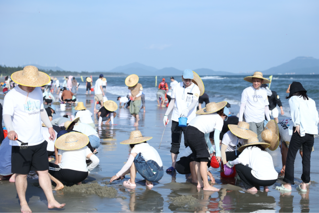 在赶海的历程中，众人自动向上、酷爱生涯的身影，成为海滩一道亮丽的风物线。