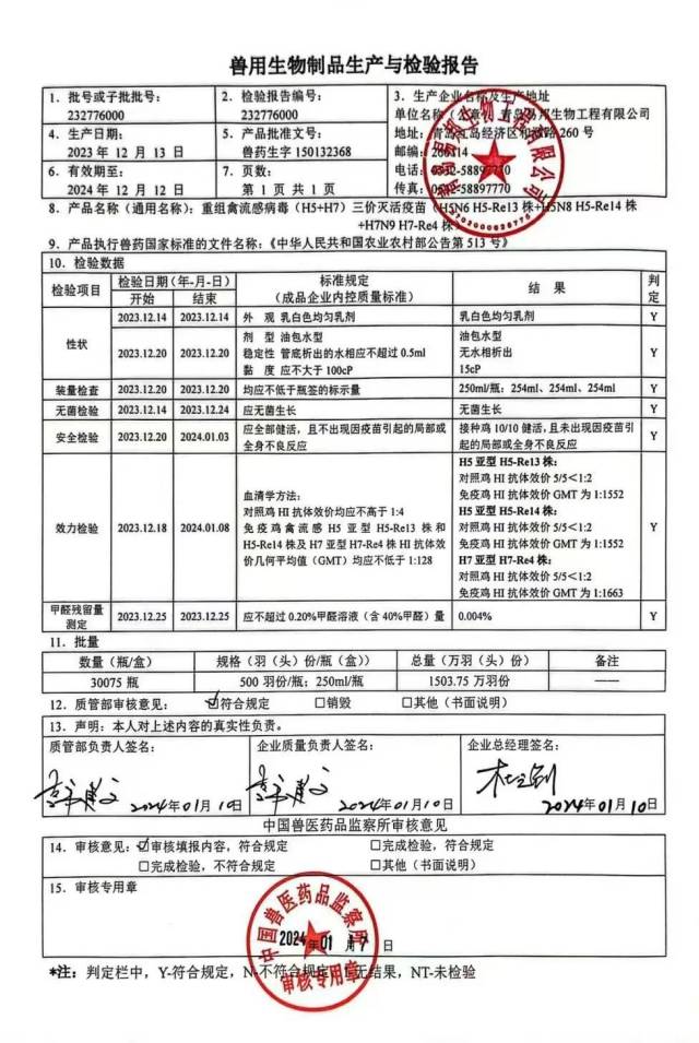 易邦生物原产、破费批号为232776000的重组禽流感病毒（H5+H7）三价灭活疫苗批签发文件，该疫苗销售工具为三黄公司。