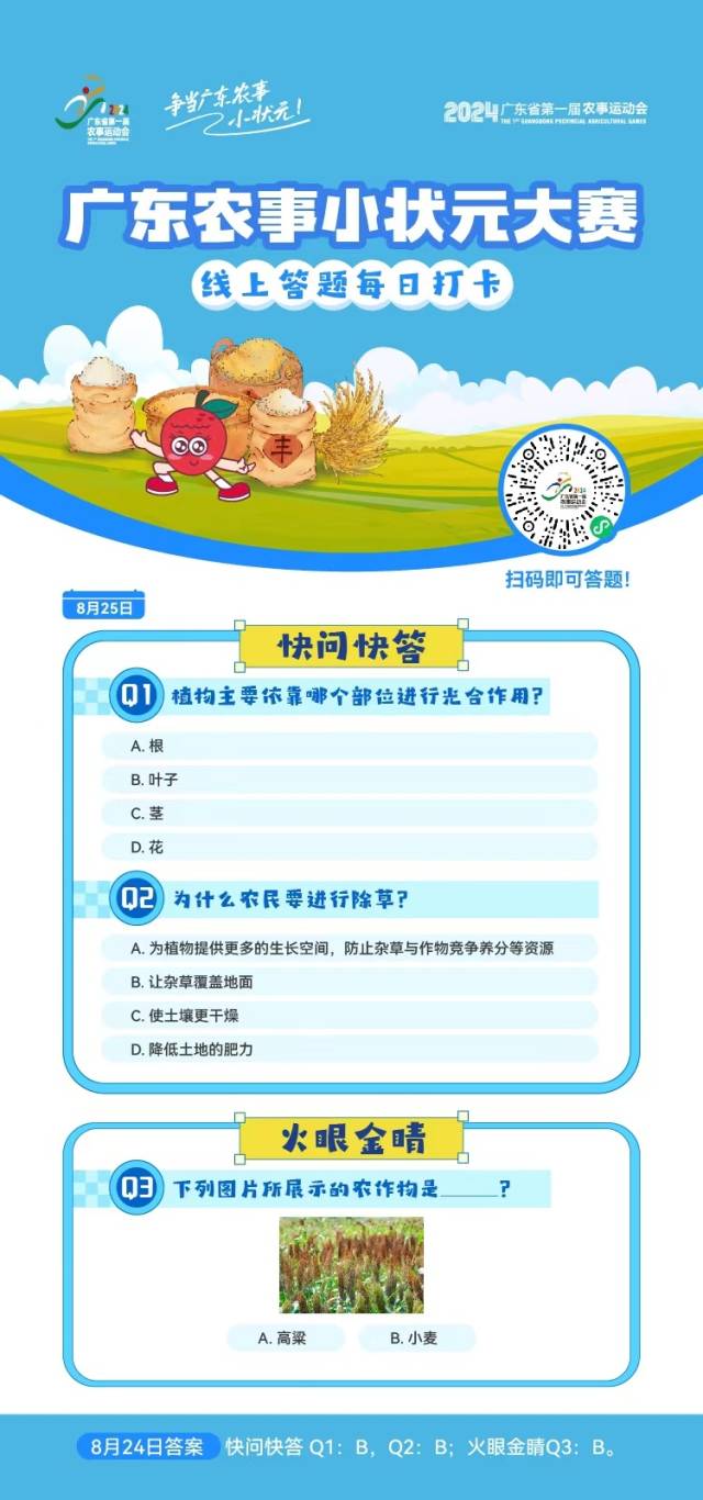 广东省农事运动会农事小状元大赛每日线上答题内容。