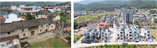 梅州市蕉岭县新铺镇象岭新村建设前后对比图。