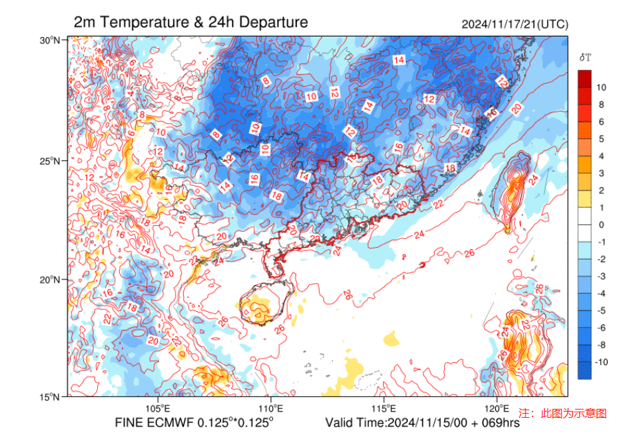 11月18日05时2m气温和24h变温预报图。 11月18日05时2m气温和24h变温预报图。