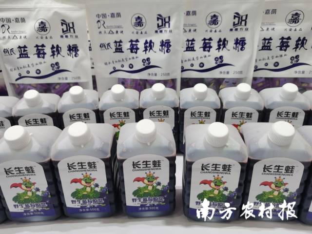 在伊春蓝莓展位，记者看到了蓝莓果干、蓝莓软糖、蓝莓原浆、蓝莓冰酒等蓝莓深加工产品。