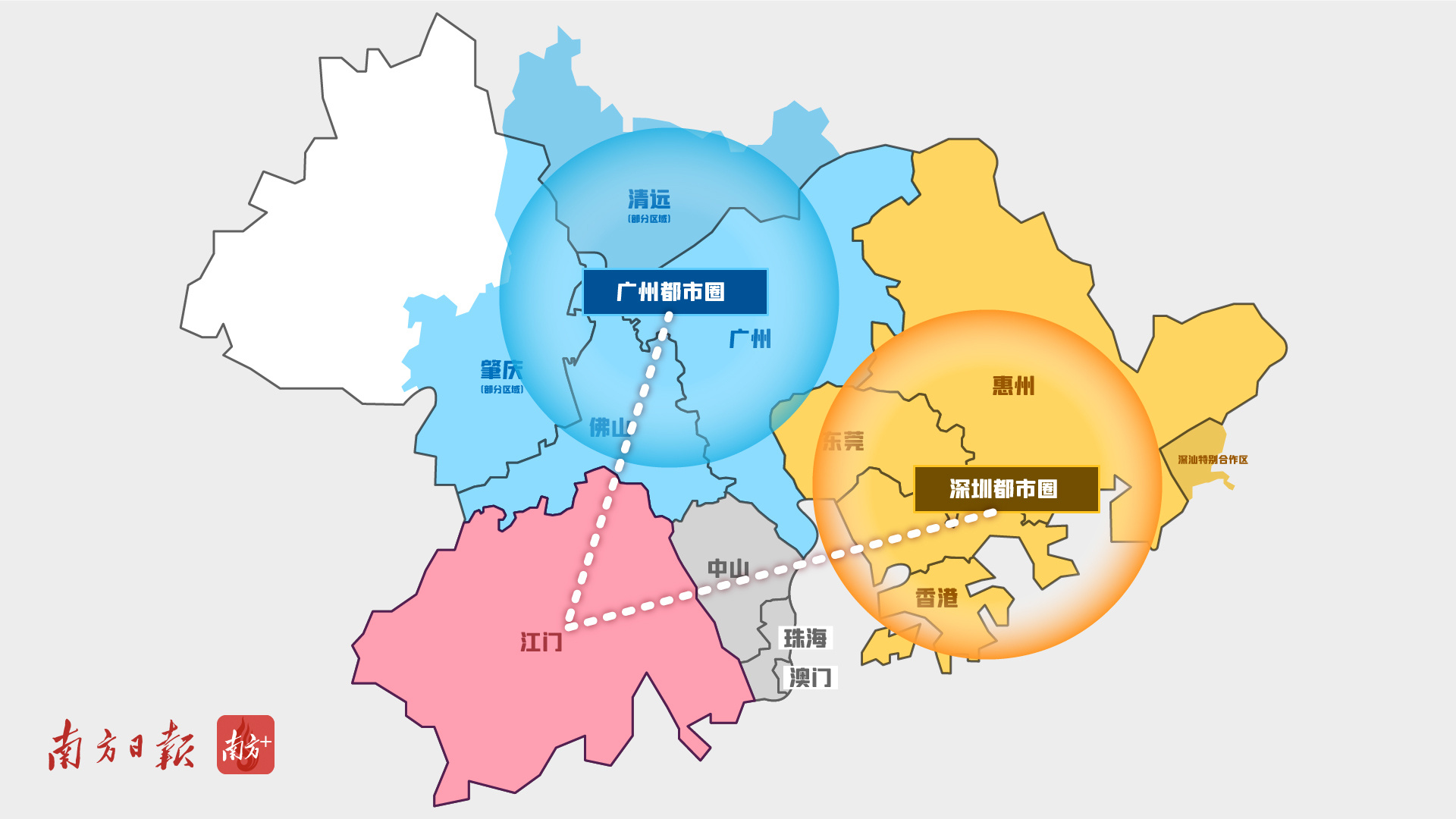 江门与广佛都市圈、深港经济圈距离相近。 南方+招凤仪 制图