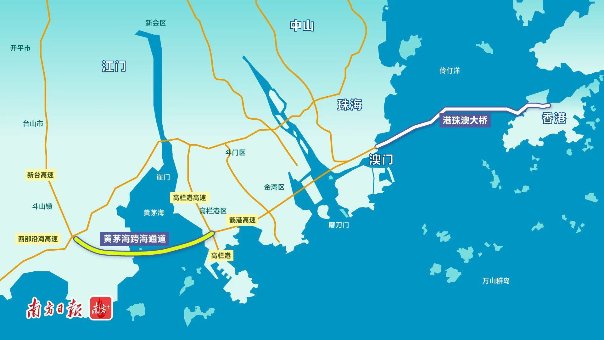 从香港到江门，一条超100公里的湾区超级通道路线图。 南方+招凤仪 制图