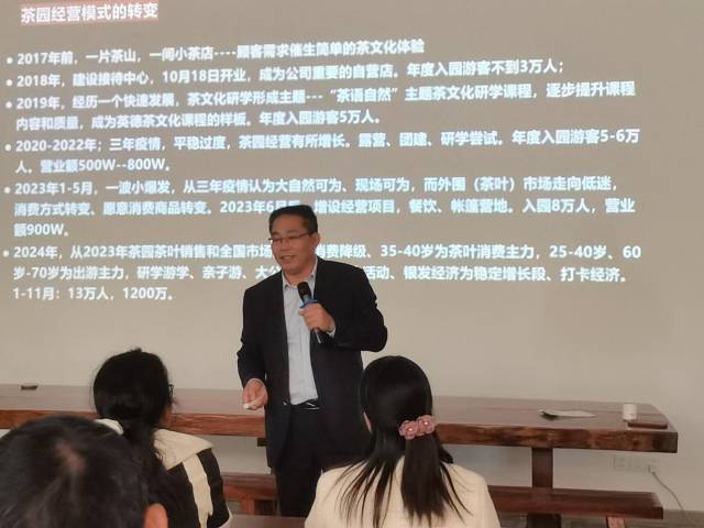 T三有机茶园总经理李高文在实训基地现场为培训班学员作企业高管经验分享。