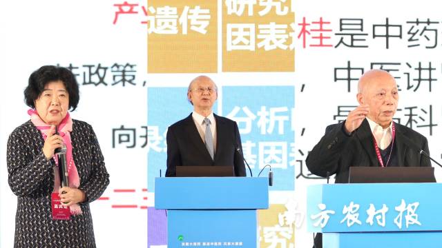 从现代医学看广东南药！多位医药领域权威专家参加论文主题演讲。图为中山大学教授苏薇薇、中国工程院院士周宏灏、国医大师韦贵康做主题演讲。