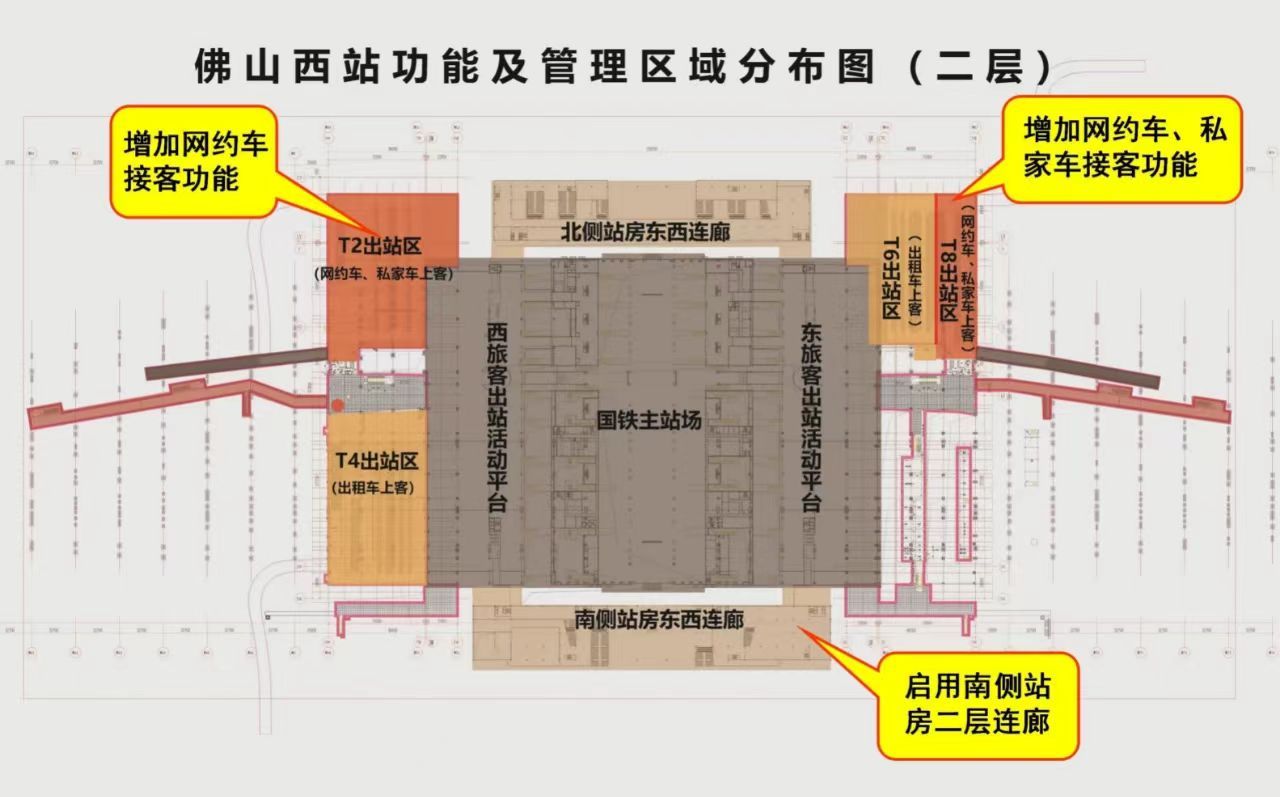 佛山西站功能及管理区域分布图(二层)。 资料图片 佛山西站功能及管理区域分布图(二层)。 资料图片