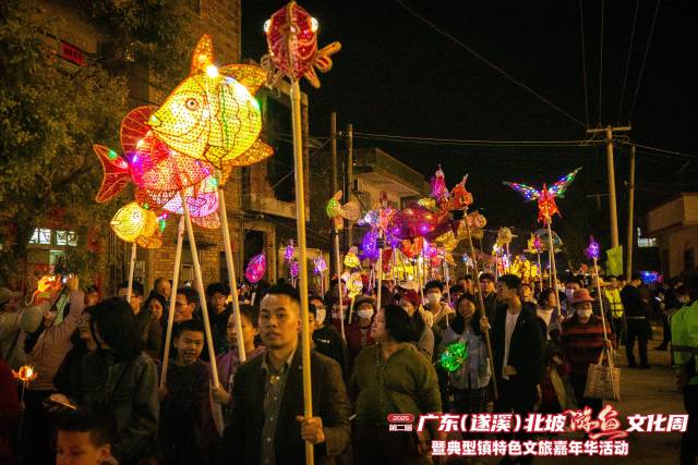 鱼灯活动喜庆热闹，人们手举鱼灯观看表演。