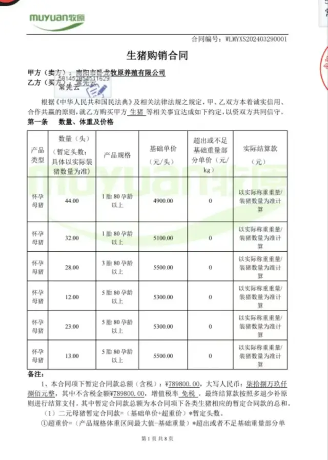 2024年3月29日，常先云与卧龙牧原签订《生猪购销合同》。