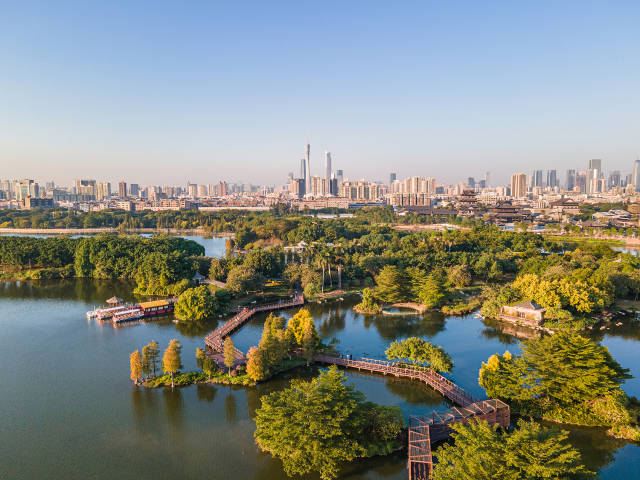 航拍广州海珠湖海珠湿地景观。图源 视觉中国 