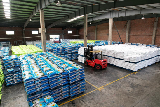 富岛公司复合肥仓库内工人正在装卸肥料。 富岛公司复合肥仓库内工人正在装卸肥料。