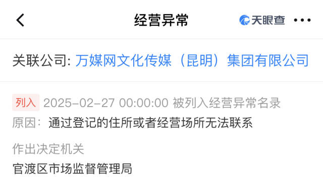 万媒网因“通过登记的住所或者经营场所无法联系”被列入经营异常名录。