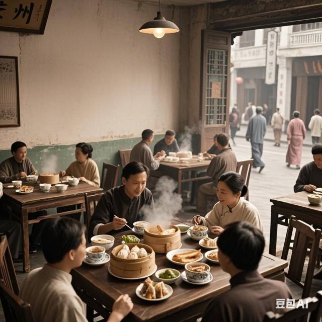 早年间广州人喝早茶图，由豆包AI生成。