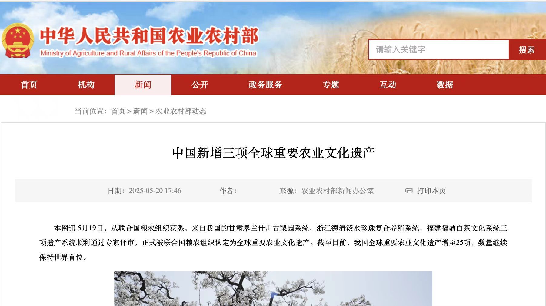农业农村部官网发布“中国新增三项全球重要农业文化遗产”消息。球重全球
