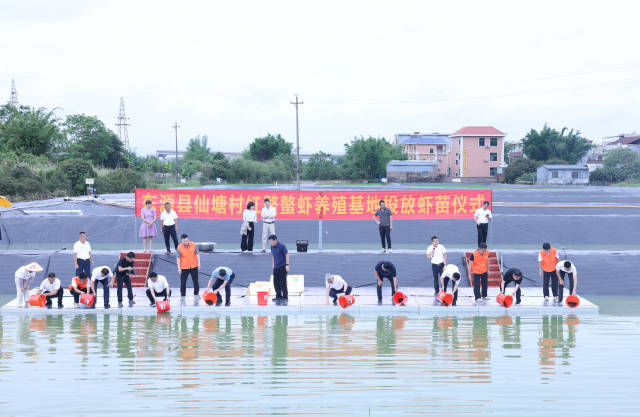 東源縣仙塘村紅螯螯蝦養(yǎng)殖基地投放蝦苗儀式現(xiàn)場