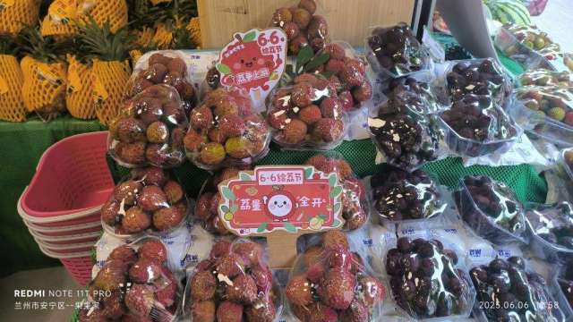 甘肅省蘭州市安寧區(qū)水果店里的荔枝產(chǎn)品和“6·6給‘荔’節(jié)”宣傳物料