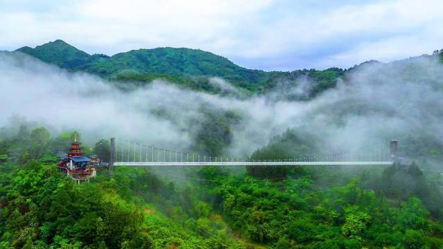 天露山云霧中的玻璃棧道,。