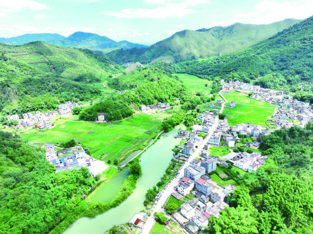 俯瞰蓝钟镇古城村被绿水青山环绕。西江日报通讯员 李文幸 摄