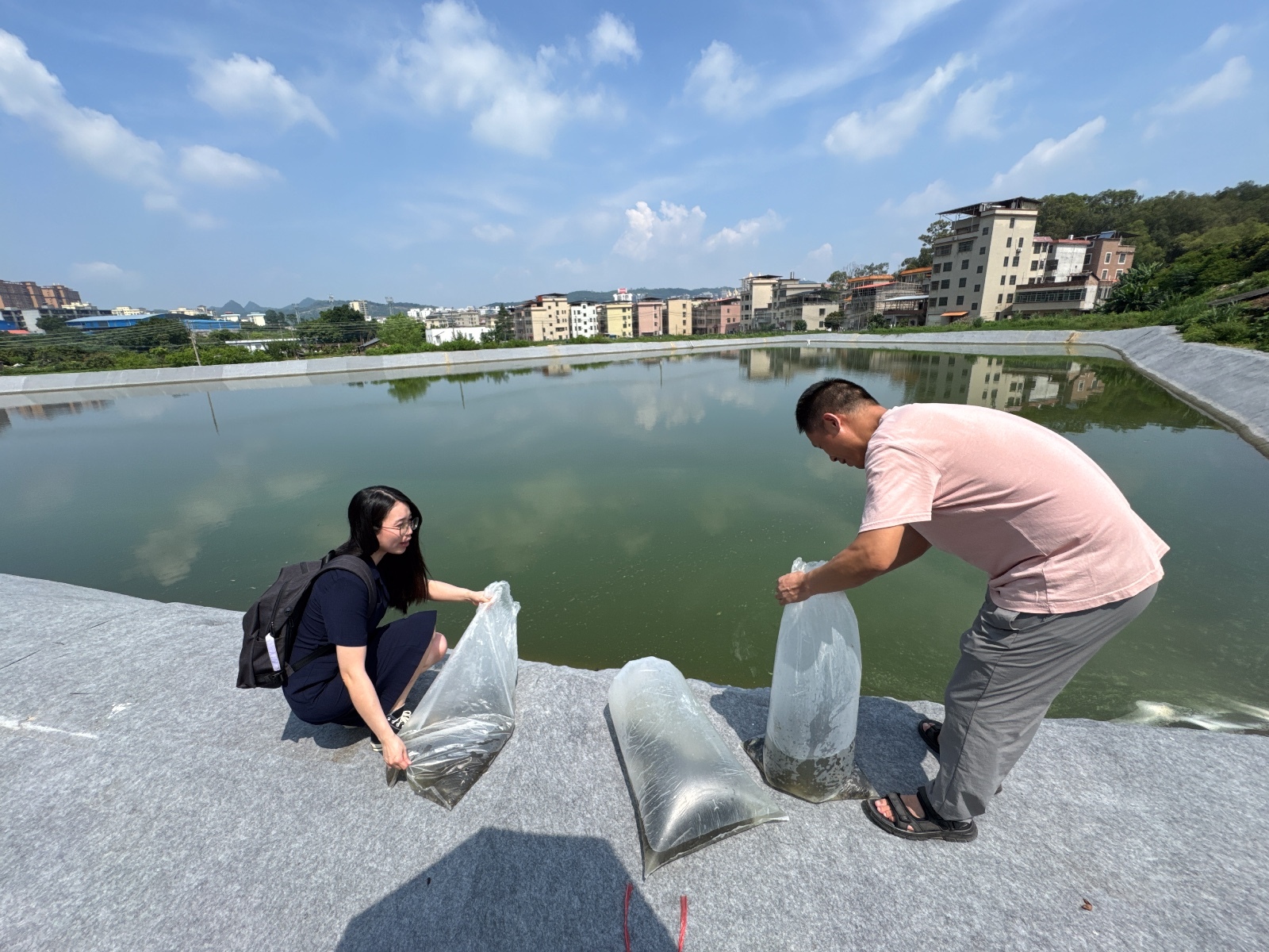 特派员施斐与农办主任朱海放流工程鲫与土鲮鱼