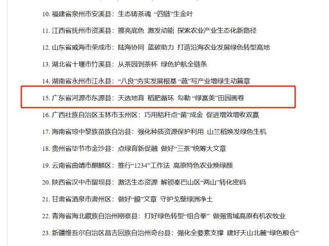 农业农村部公布第三批农业绿色发展典型案例名单，广东省河源市东源县凭借“天选地育稻肥循环勾勒‘绿富美’田园画卷”的创新实践，成为广东省唯一入选的县（市、区）级案例。