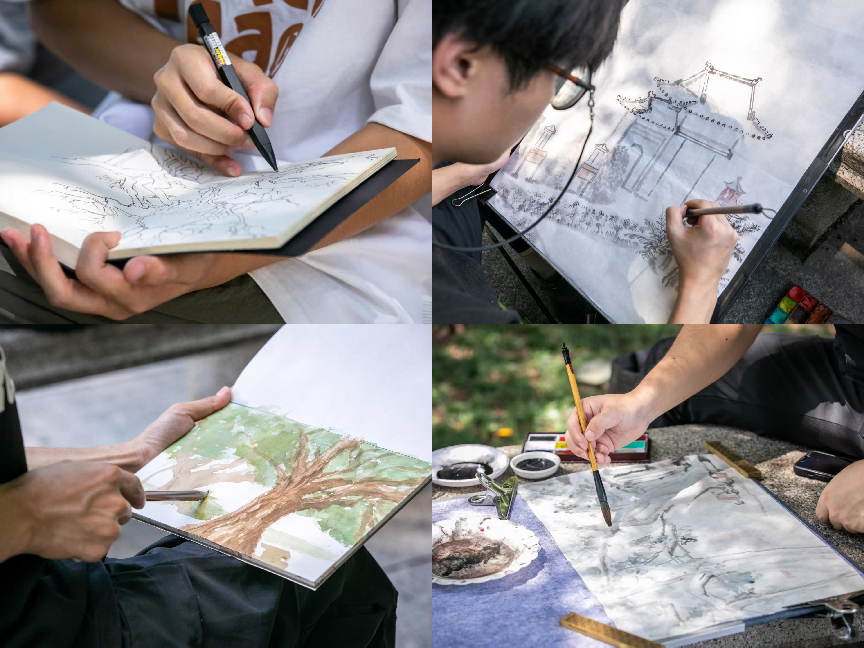 广州美术学院老师黄涛正在古榕树前进行画作。展采地域文化的风活鲜活载体，我们可以跨越时间实现空间上的动正动共鸣--树与人、