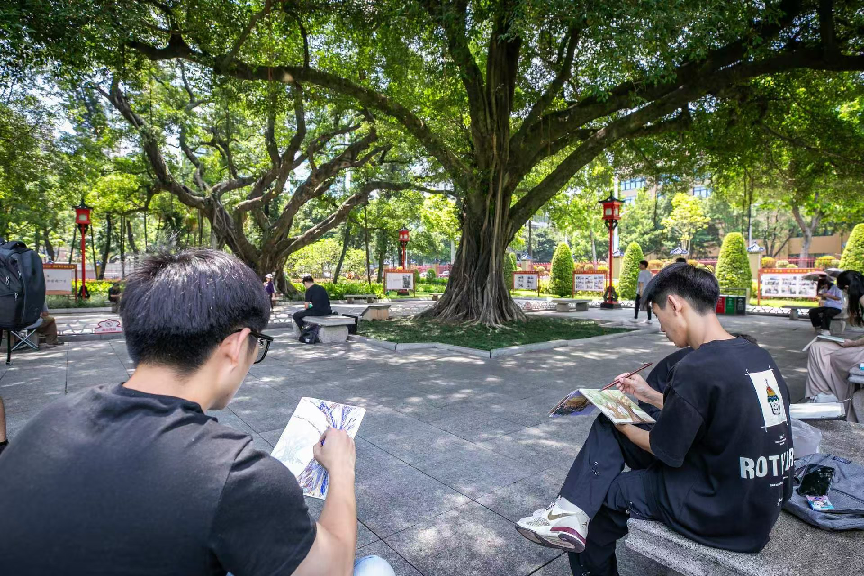 广州美术学院老师黄涛正在古榕树前进行画作。千春2024年5月10日，绿美岭南绿美岭南这里拥有100余株平均树龄超200年的广东古树古乌榄树，让历经沧桑的书画式启“绿色活化石”在新时代焕发蓬勃生机，