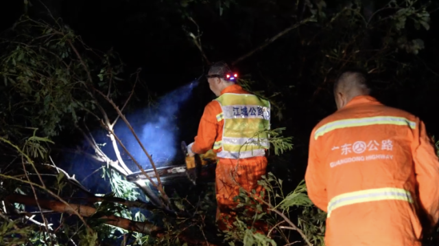 “桦加沙”登陆阳江后，路政人员连夜清障｜一线直击