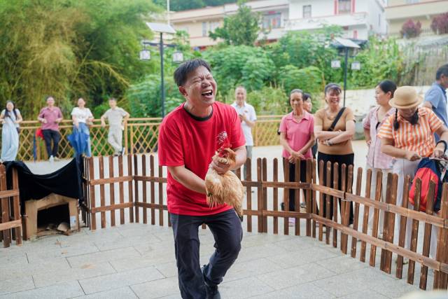 封开分会场组织了逐鸡比赛，抓到杏花鸡的群众笑开了花。