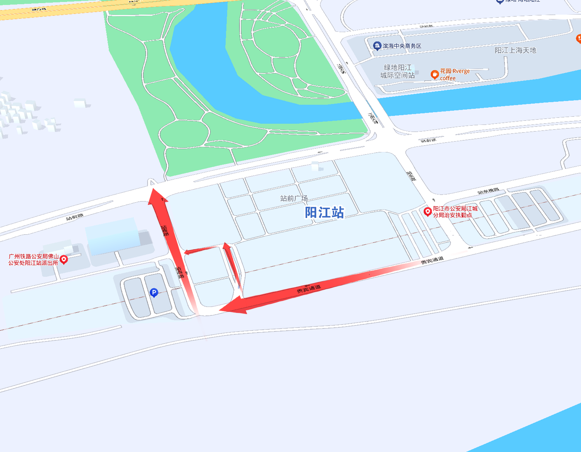 标注红色箭头路段为单行路，车辆需按箭头指示方向行驶