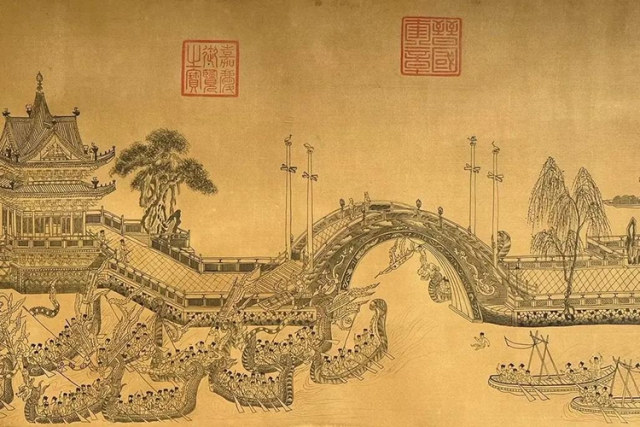 元 王振鹏 《龙池竞渡图》(局部)。 元 王振鹏 《龙池竞渡图》(局部)。