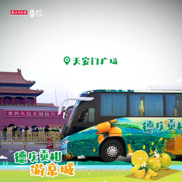 “德庆贡柑号”创意巴士驶过长安街。资料图