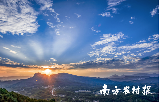 南台卧佛山森林康养基地清晨的第一缕阳光，从山间洒向连绵的山