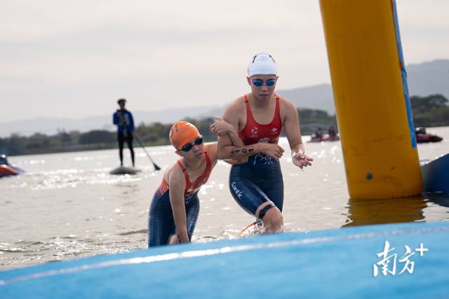11月27日，肇庆砚阳湖，杨晓婷完成游泳赛段时，已经累得直不起身。