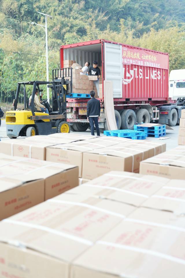 西牛麻竹笋出口产品装车发货中。